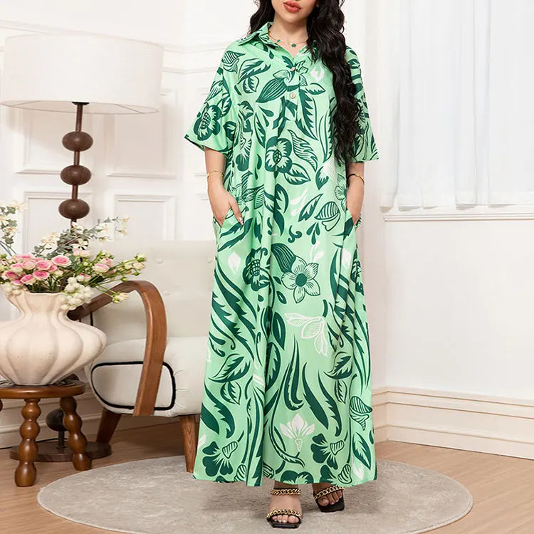 Rafiah Women's Dresses Summer Elegant 2025 Floral Opulent Short Sleeve Shirt Collar A-Line Midi Vacation Long Dresses