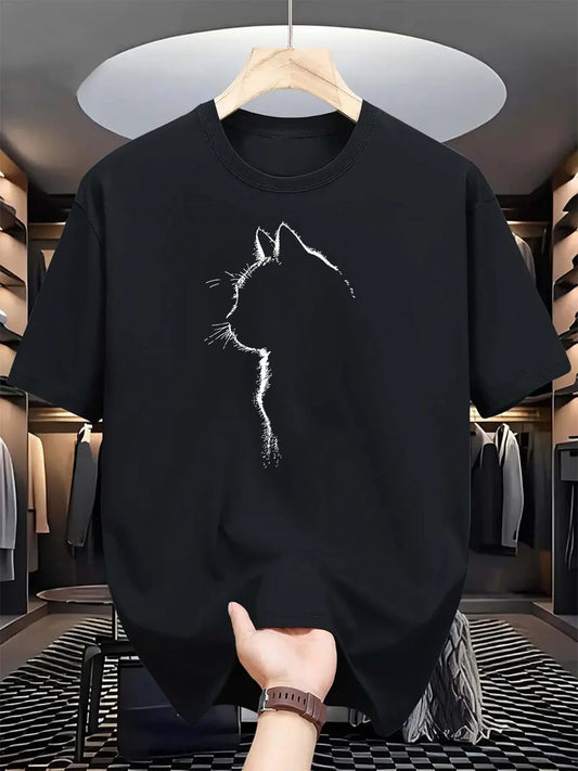 Summer men's 100% pure cotton casual sports loose cat pattern printed comfortable round neck short sleeved T-shirt top