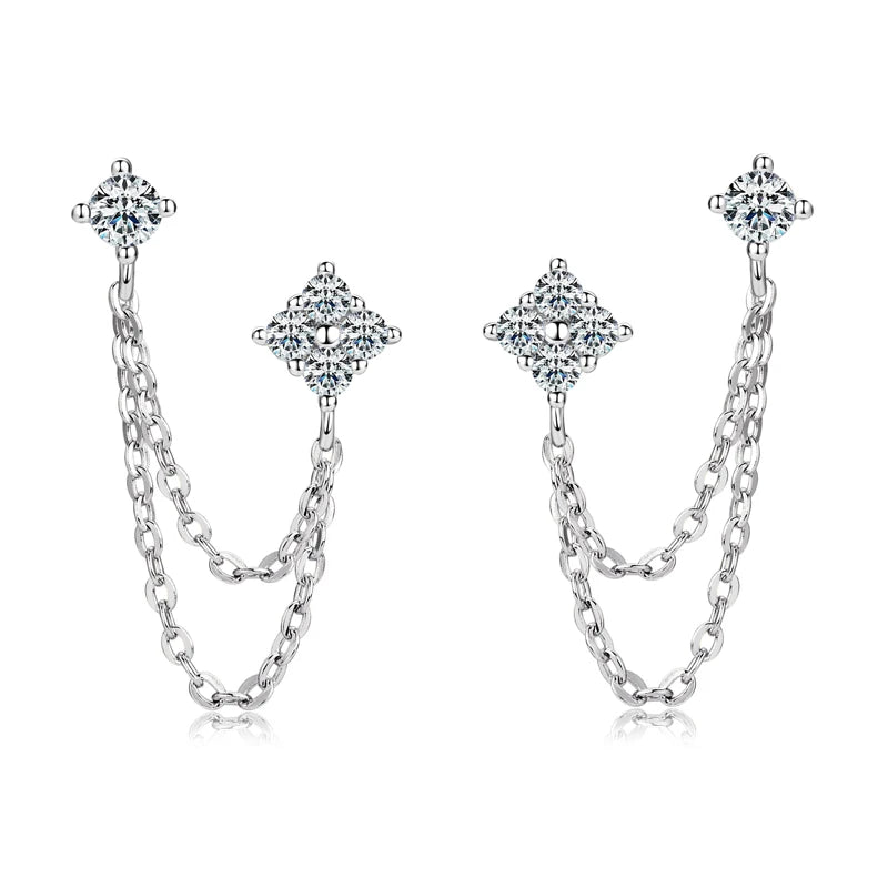 Lnngy 925 Sterling Silver Double Studs Chain Tassel Earrings GRA Certified 3mm&2mm Flower Moissanite Drop Earring For Women Gift
