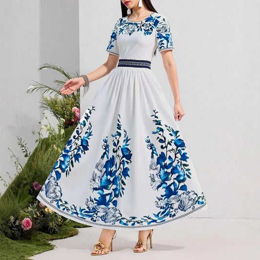Rafiah Women's Arabian Dress Spring Summer Fashion Floral Short Sleeve Round-Neck A-Line Arabian Dress For Women