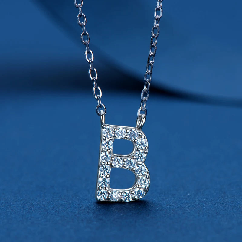 Lnngy Colar Prata 925 Sterling Silver A-Z Alphabet Pendant Necklaces Initial Letter 1.4MM Moissanite Necklace for Birthday Gift