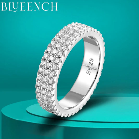 BLUEENCH Full Moissanite Ring 925 Sterling Sliver Plated 18k Eternity Band Hip Hop Rings for Woman Man Party Sparkling Jewely