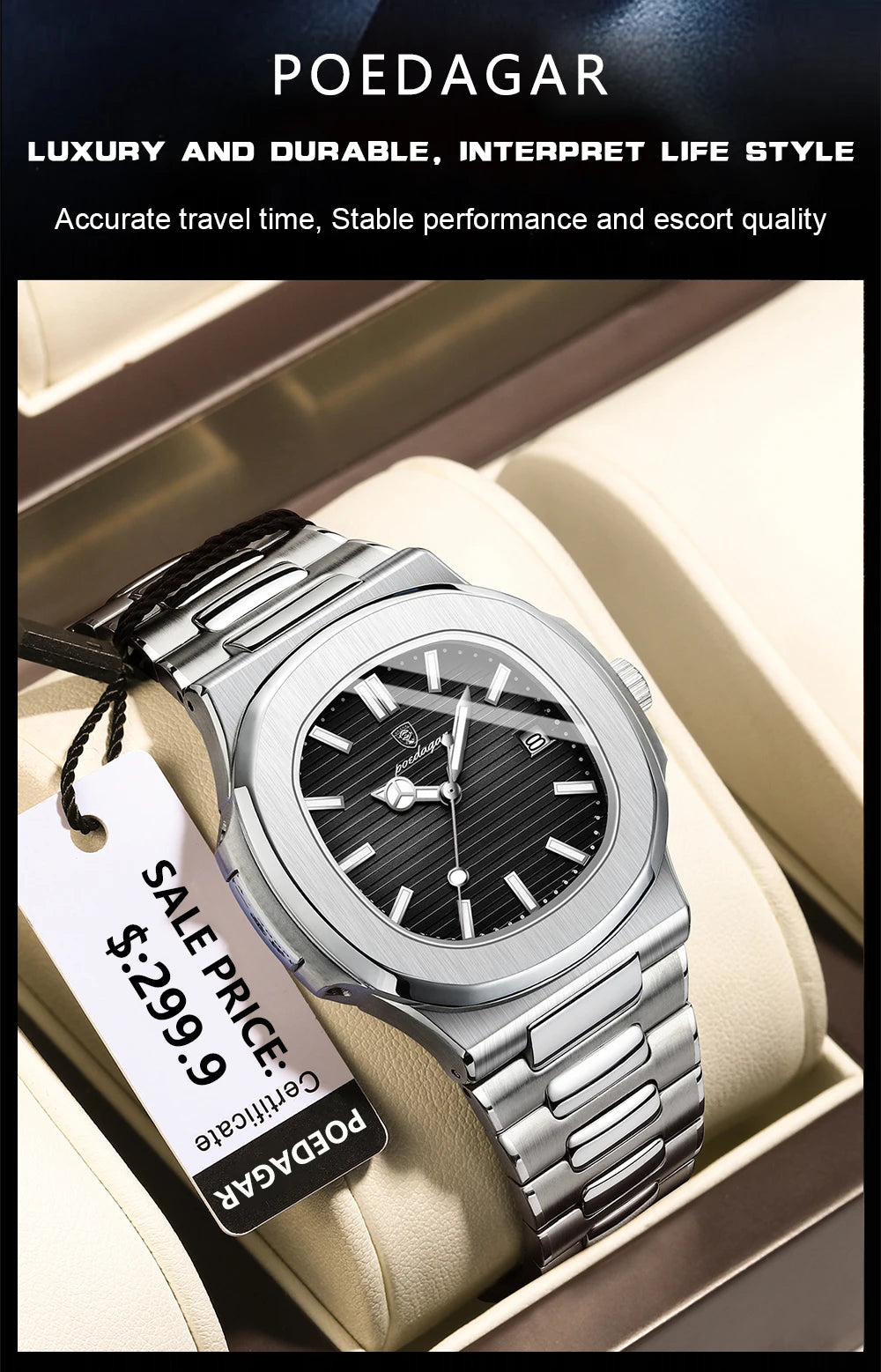 POEDAGAR Square Luxury Men Wristwatch Waterproof Luminous Date Stainless Steel Male Clock Business Sports Quartz Watches For Men