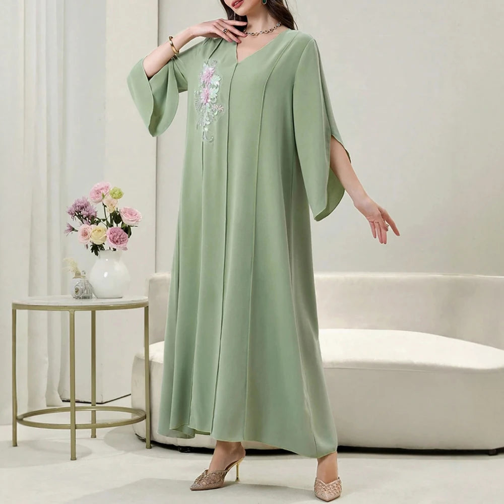 Rafiah Summer Dresses 2025 Women's Appliques Plain Draped Long Flare Sleeve V-Neck Loose Fit Basics Arabian Midi Dress