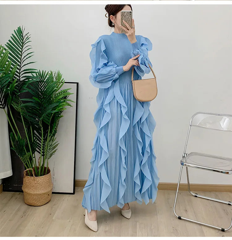 Fashion Ruffles Pleated Dress Women Round Neck Flare Sleeves Solid Maxi Belt Dresses Party 2025 Autumn New