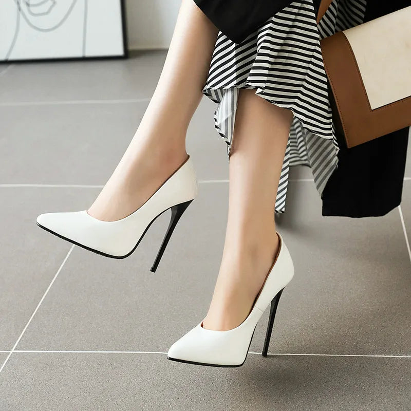 Women’s Pumps Classic Sexy Thin High Heels 12cm Patent Leather Stiletto Pointed Toe Party Elegant Office Shoes Big Size 34-48