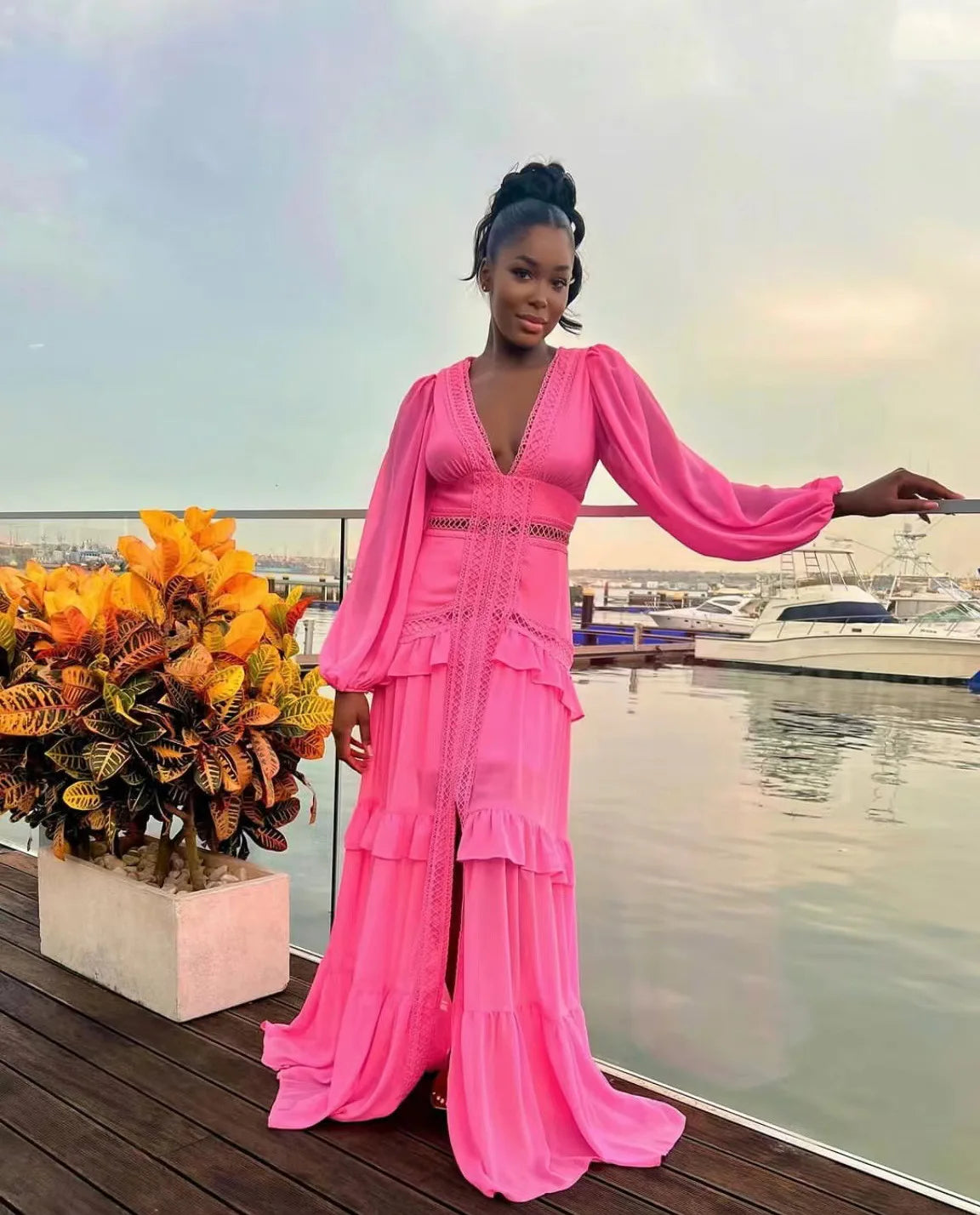 Maxi Dress Ruffles Long Sleeve Hollow Out Evening Dresses Party Chic Robe Green Blue Purple New In Holiday Summer
