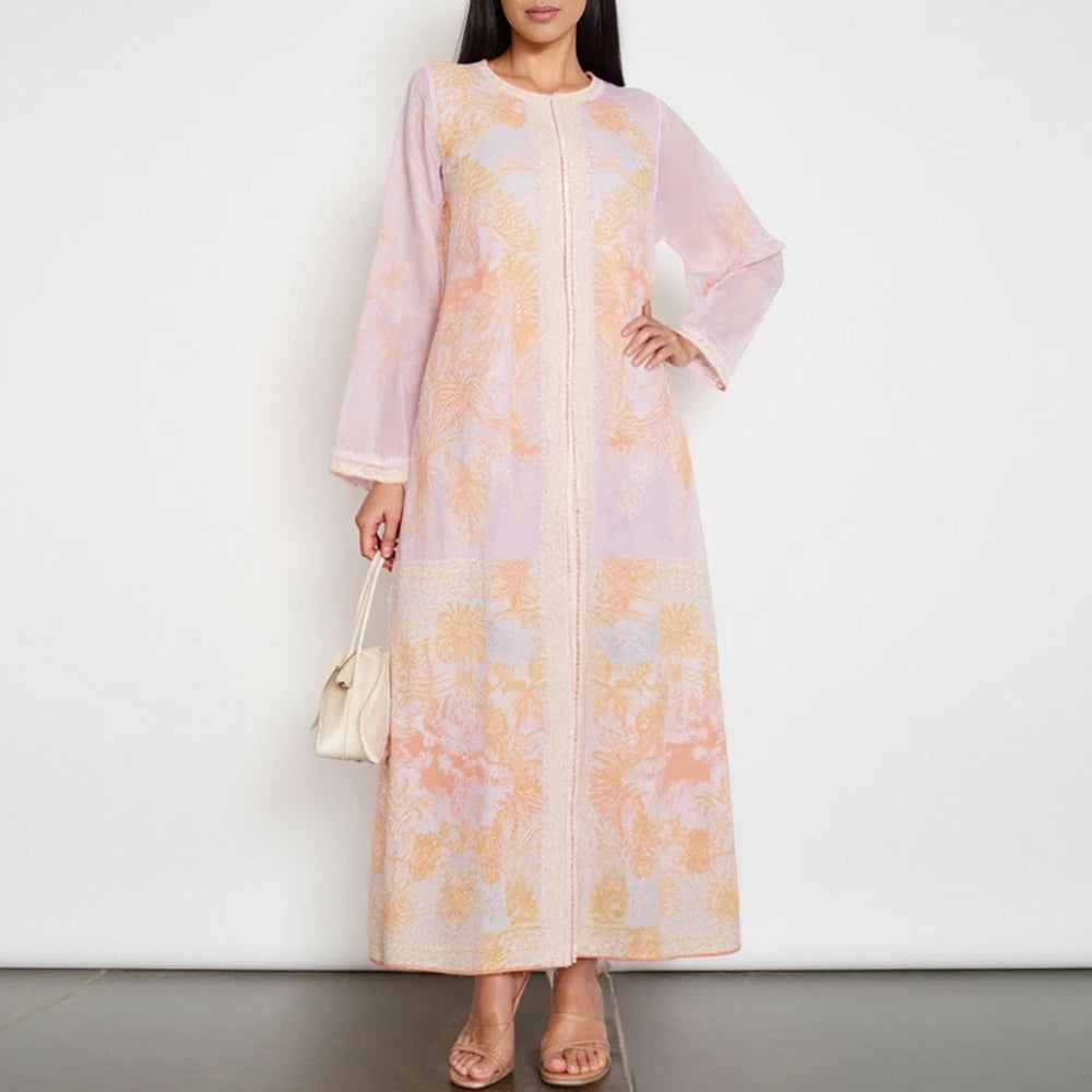 Rafiah Women's Dresses Summer Comfortable Elegant 2025 Floral Zipper Long Sleeve Round Neck A-Line Midi VacationLong Dress