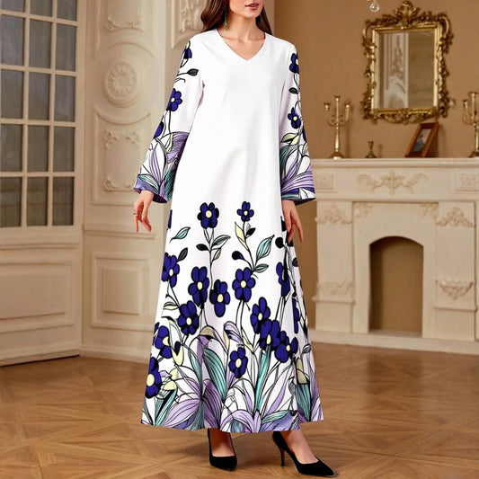 Rafiah Women's Dresses Summer Elegant Decent 2025 Full Print Long Sleeve V-Neck Midi A Line Casual Long Dresses