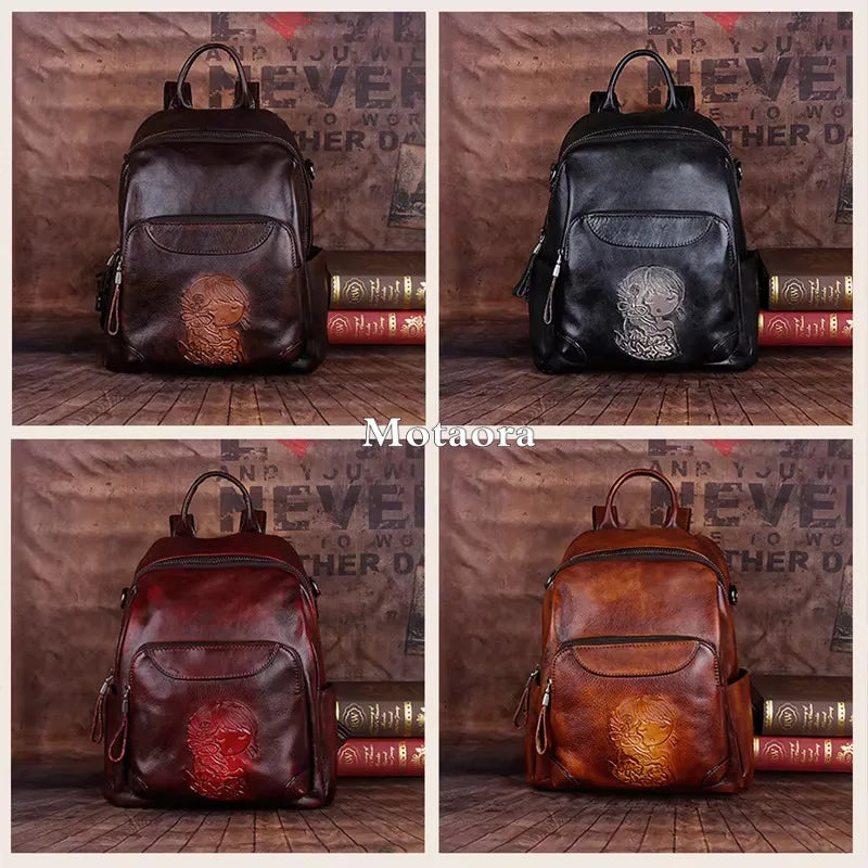 MOTAORA 2025 Leather Women's Bag Retro Embossing Backpack For Ipad Book Travel Handbag Female Shoulder Bag Vintage Messenger Bag