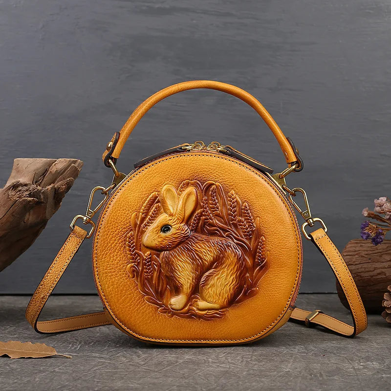 MOTAORA 2025 New Retro Round Women's Genuine Leather Handbags For Ladies Luxury Designer Rabbit Embossed Shoulder Messenger Bags