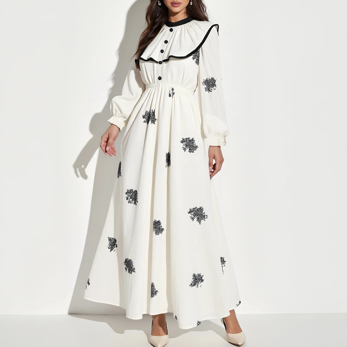 Rafiah Autumn Arabian Dress 2025 Women's Decent Full Print Folds Long Sleeve Round-Neck Layered Daily Basic Midi Dress