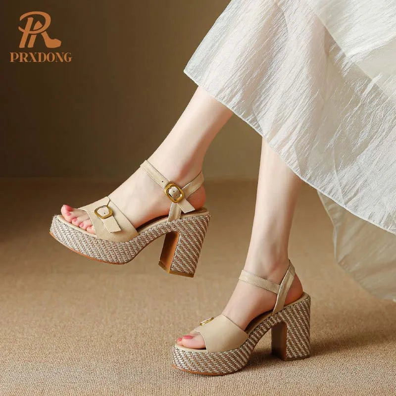 GrabliWorld Women’s Genuine Leather Peep Toe Wedge Sandals Platform Summer Shoes Plus Size 41-42