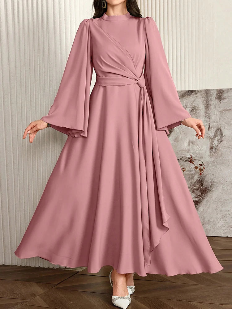 Rafiah Women's Dress 2025 Elegant Casual Arabic Style Dress with Waist Tie for Daily Simple Wear Long Evening Dress