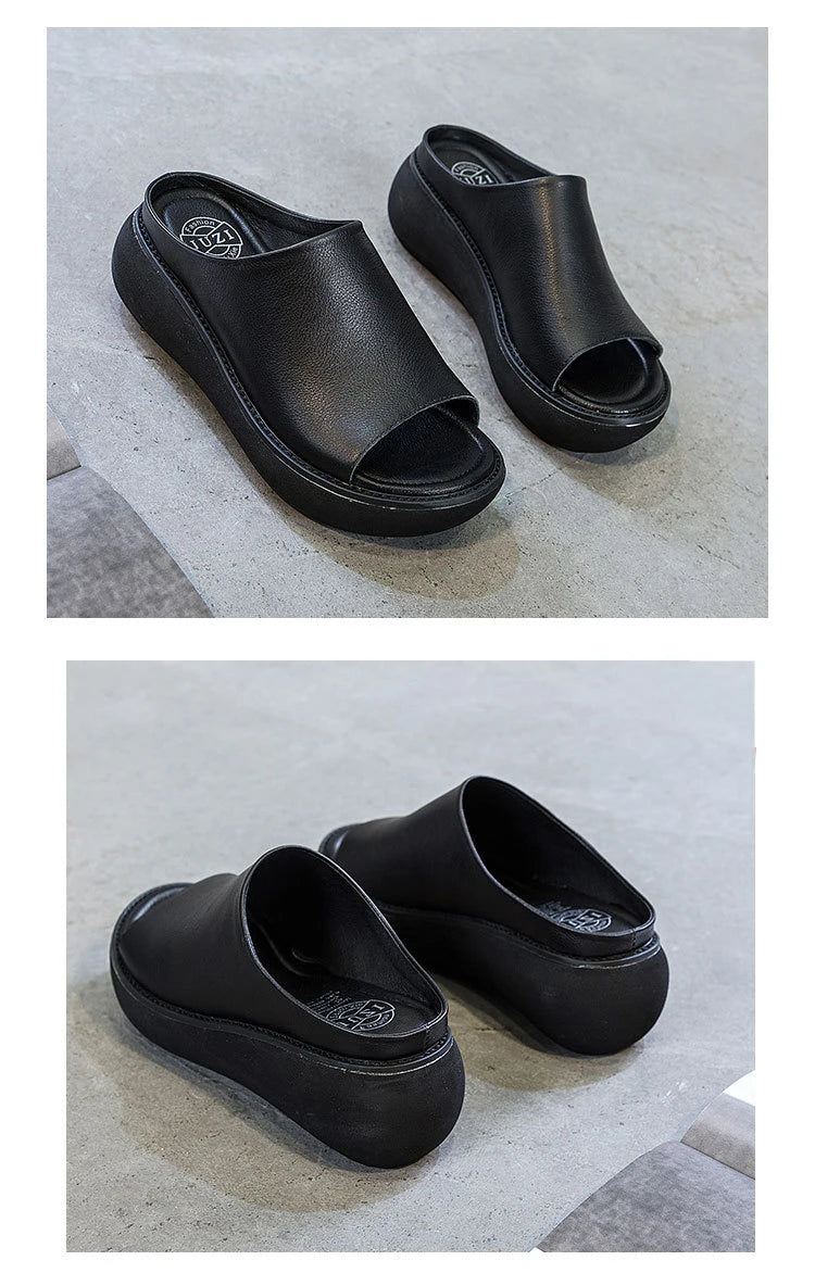 Women’s Genuine Leather Wedge Slippers – Handmade Summer Slides