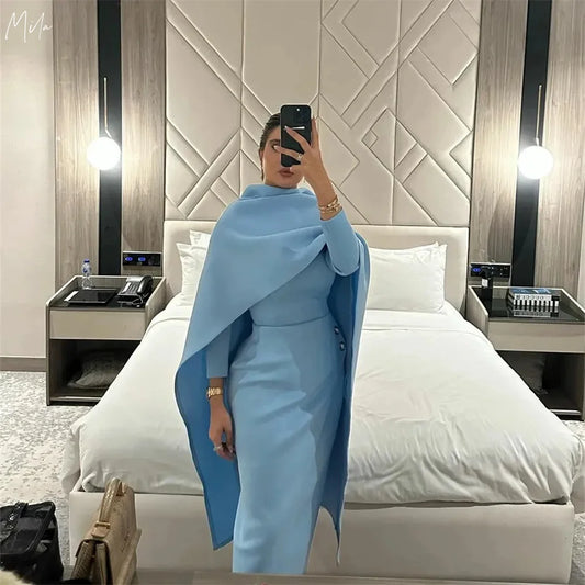 Mila Blue High Neck Long Sleeve  Party Dresses Empire Waist Satin Evening Dresses Detachable Shawl Customized Prom Dresses 2025