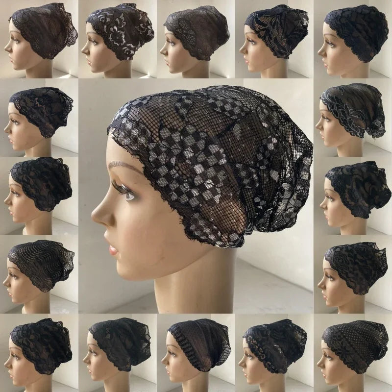 Full Cover Head Inner Cap Flower Lace Muslim Headscarf Islamic Headwear Underscarf Turban Indian Hat Pattern In Random