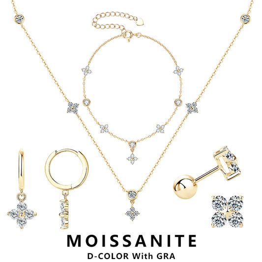 Lnngy Moissanite Necklace Bracelet Earring 925 Sterling Silver Four Leaf Flower Pendant Moissanites Jewelry Set For Wedding Gift