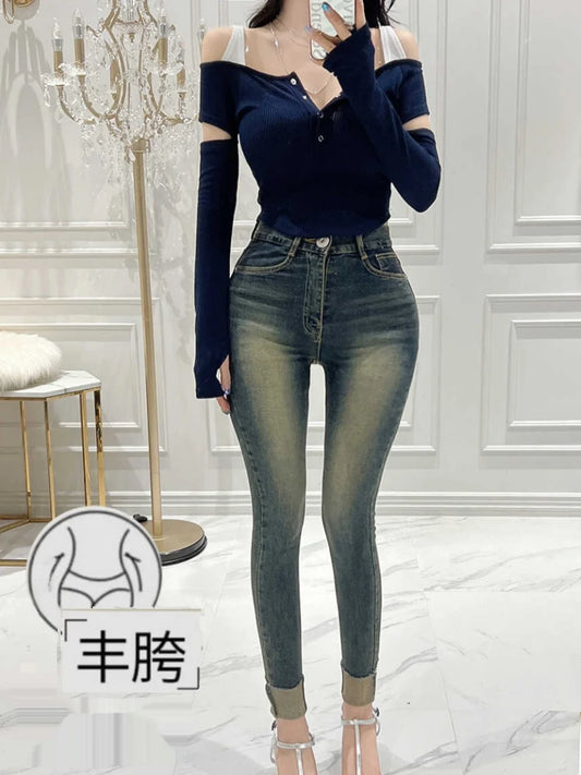 Slimming Skinny Jeans with Hip Padding Retro Nine-Piece Vintage Wear Resistant Cotton Stretch Denim Zipper Closure l Waist