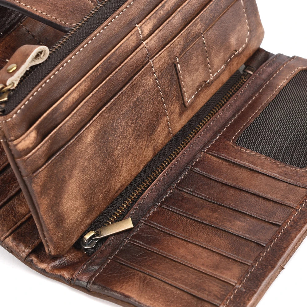 Motaora Vintage Cowhide Purse Oil Wax Long Wallet For Ladies Multi-card Splicing Wallet Genuine Leather coin purses holders