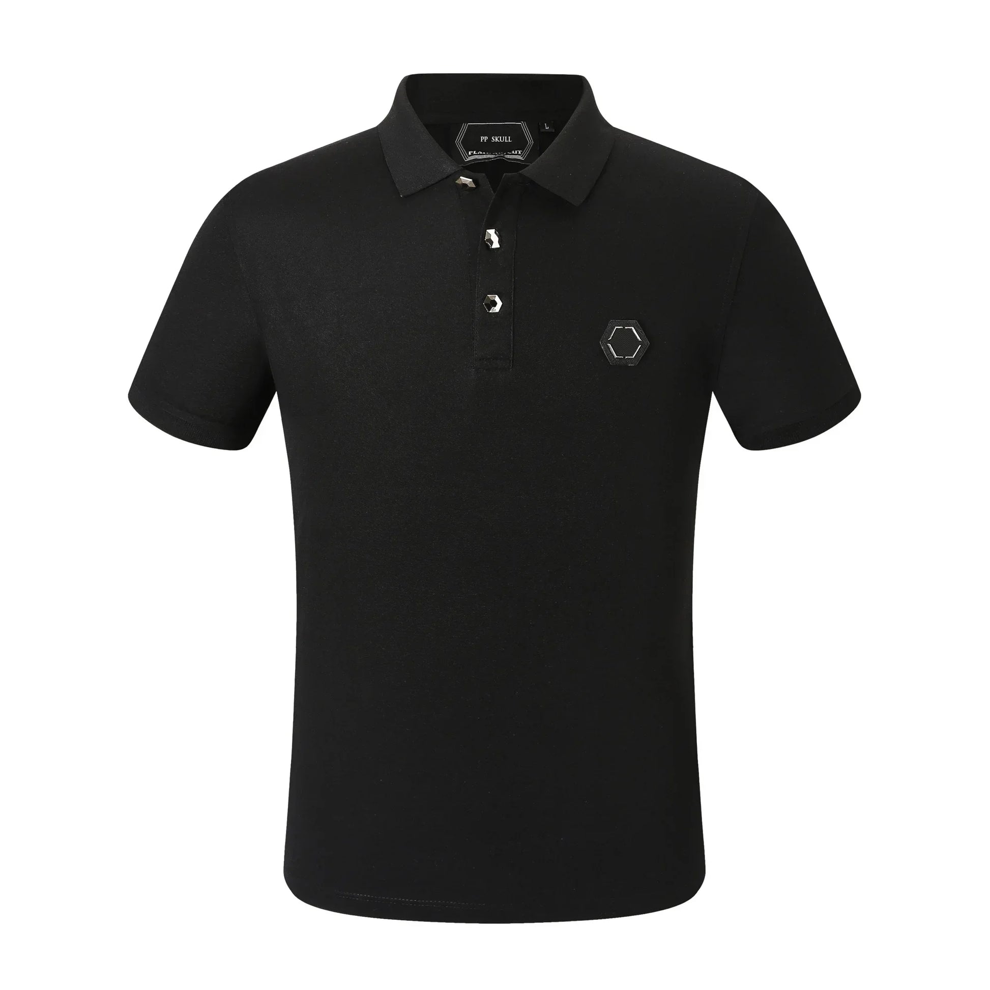 Black polo shirt with a small logo on a white background