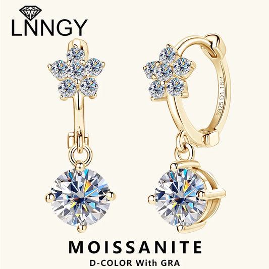 Lnngy Moissanite Flower Earrings For Women 925 Sterling Silver Round Cut Moissanita Dangle Earring Wedding Party Jewelry Gift