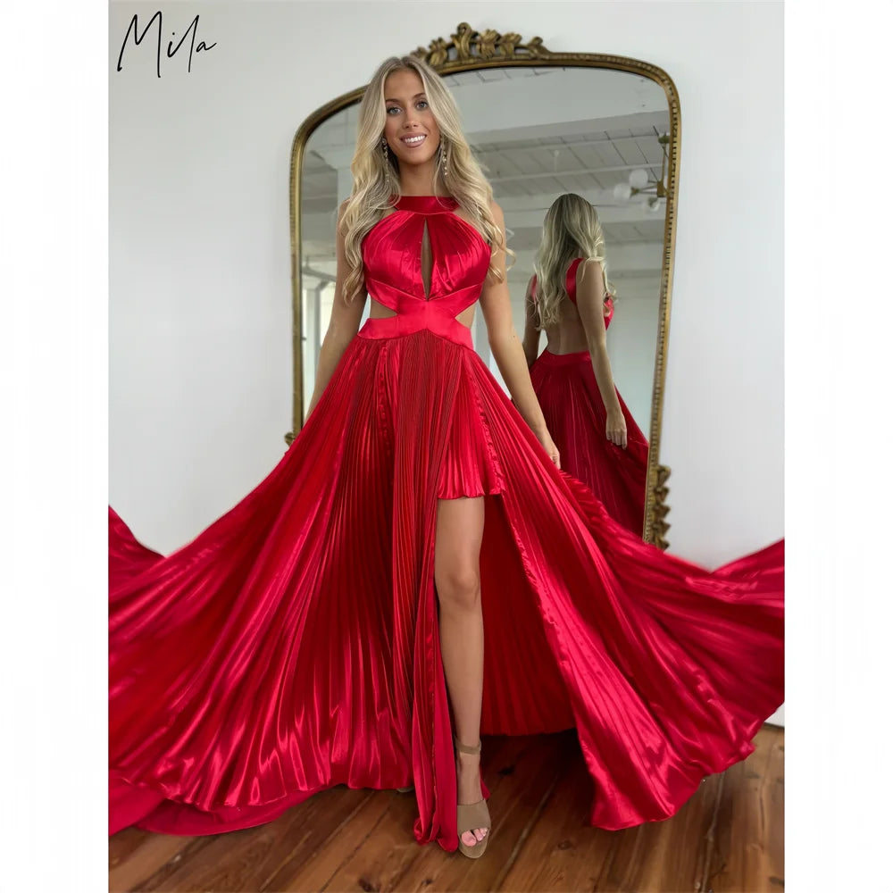 Mila Halter Neck Backless Pleats Prom Dresses 2025 Side High Split Luxury Evening Dresses Floor-Length Customized Party Dresses