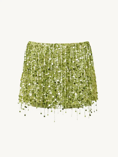 Sexy Sequin Tassel Mini Skirt Women Lace Up Bead Flower High Waist Holiday Skirts 2025 Summer Beach Green Print Robe Lady