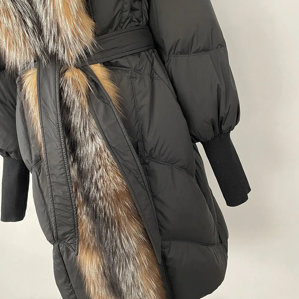 2025 Autumn Winter Women Coat Real Natural Fox Fur Long Down Jacket Thick Warm Casual Hooded White Duck Down Elegant Overwears
