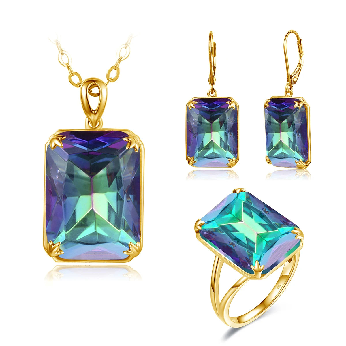 Classic Jewelry Sets for Women 18K Gold Plated Aquamarine Ring Earrings Pendant Silver 925 Anniversary Wedding Quality Gifts