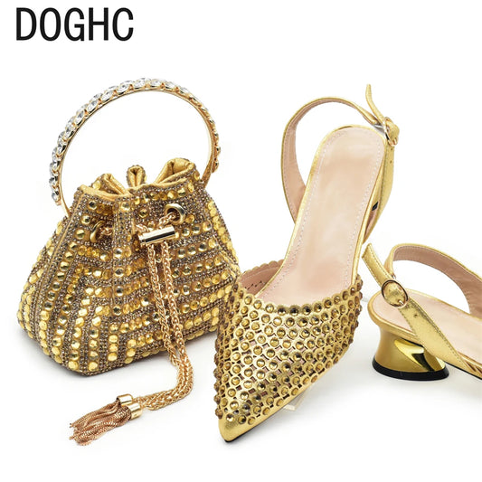 New Fashion Gold Color Italian Shoe with Bag Noble and Elegant Classic Vintage Rhinestone Accessories Ladies Shoes and Bag Set