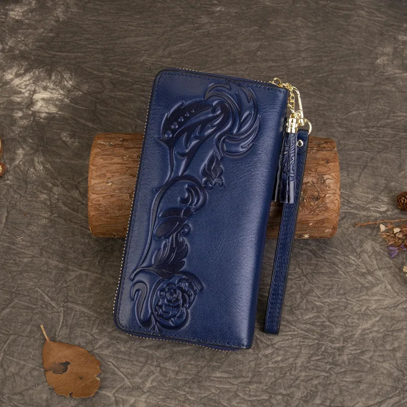 MOTAORA Vintage Women's Leather Wallet 3D Embossed Floral Clutch Bag Genuine Cow Leather Coin Purse Ladies Small Wallet 2025 NEW