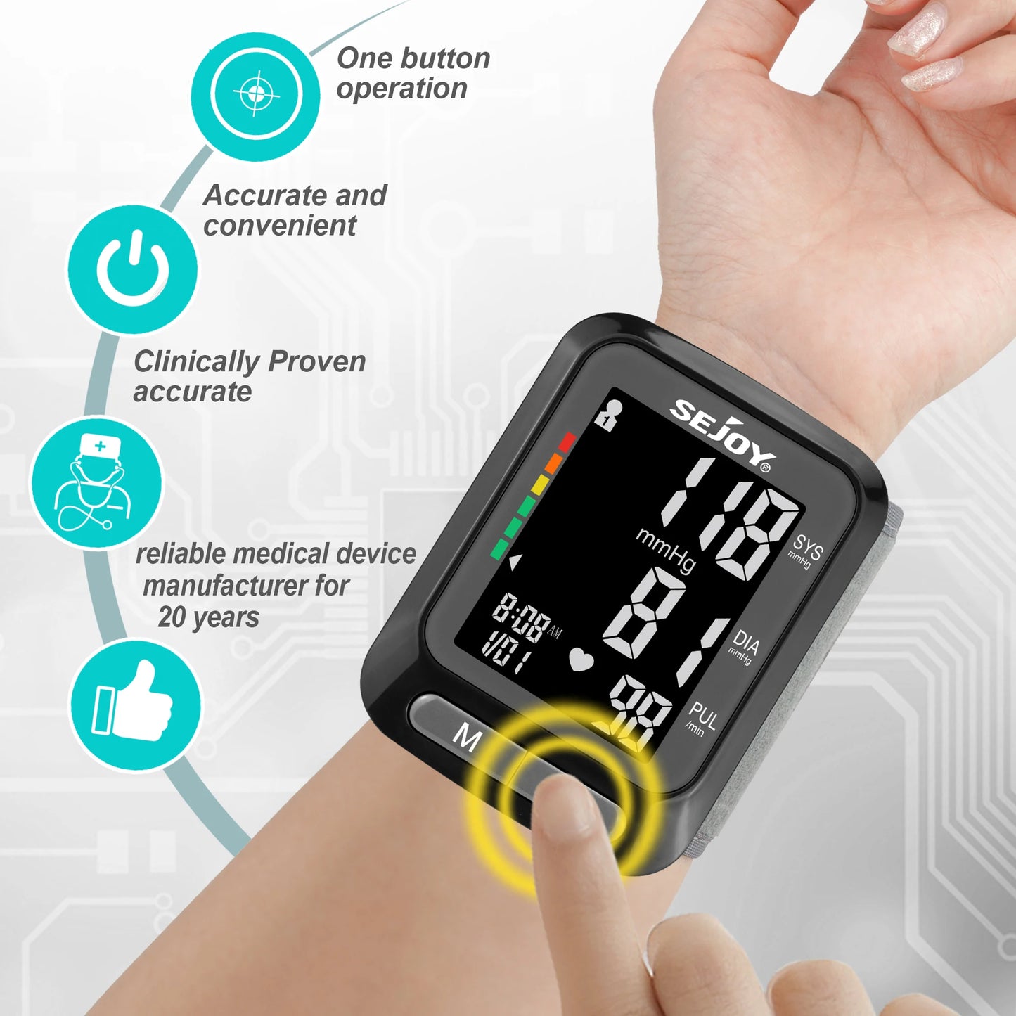 🩺 Sejoy Fully Automatic Wrist Blood Pressure Monitor,LED Display | 2 x 60 Memory | Home Use Sphygmomanometer