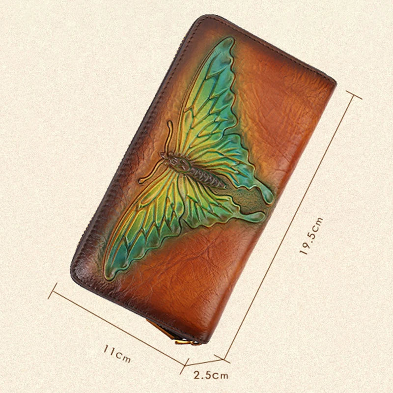 MOTAORA Ladies Retro Butterfly Embossed Wallet Women's Genuine Leather Zipper Pouch Female Cowhide Card Holder Girls Long Purse