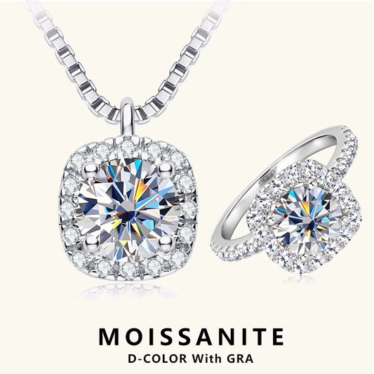 Lnngy Certified GRA Moissanite Halo Ring Square Pendant Necklace Jewelry Set For Couples Real 925 Sterling Silver Wedding Gift