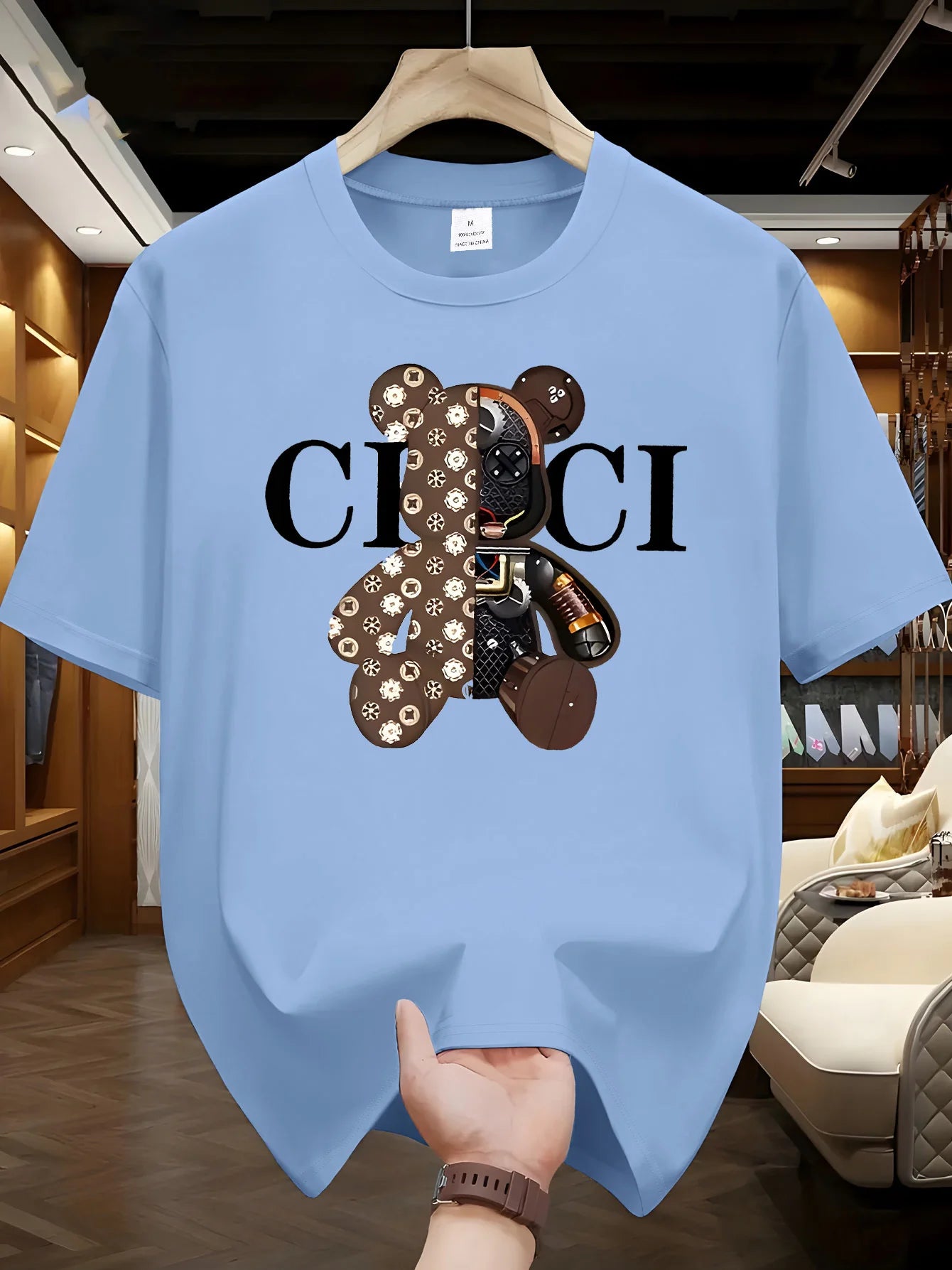 Men's summer 100% pure cotton fashionable casual loose brown mechanical bear cartoon printed round neck short sleeved T-shirt