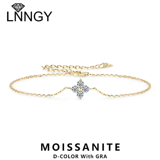 Lnngy Moissanite Four Leaf Flower Chain Bracelet for Women 925 Sterling Silver Niche Simple Desgin Bracelets Jewelry Accessories
