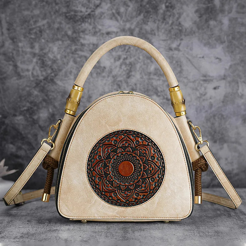 MOTAORA Bamboo Top Handle Embossed Leather Shoulder Bag, Vintage Bohemian Crossbody Purse for Women Handmade Large Capacity Tote