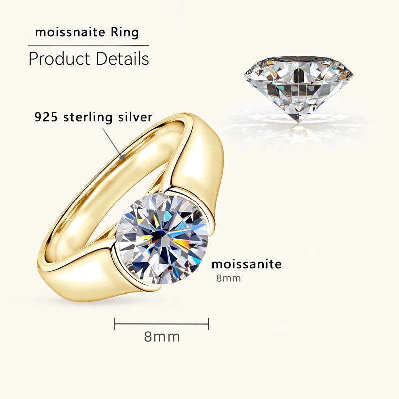 Lnngy Certified 8mm 2ct Moissanite Solitiare Ring For Women Original 925 Sterling Silver Wedding Rings With GRA Certificate