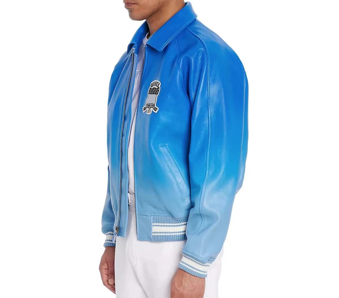AVIREX New French Lambskin Baseball Suit Men's Gradient Fashion Casual US Size Original Lapel Loose Genuine Leather Jacket coat