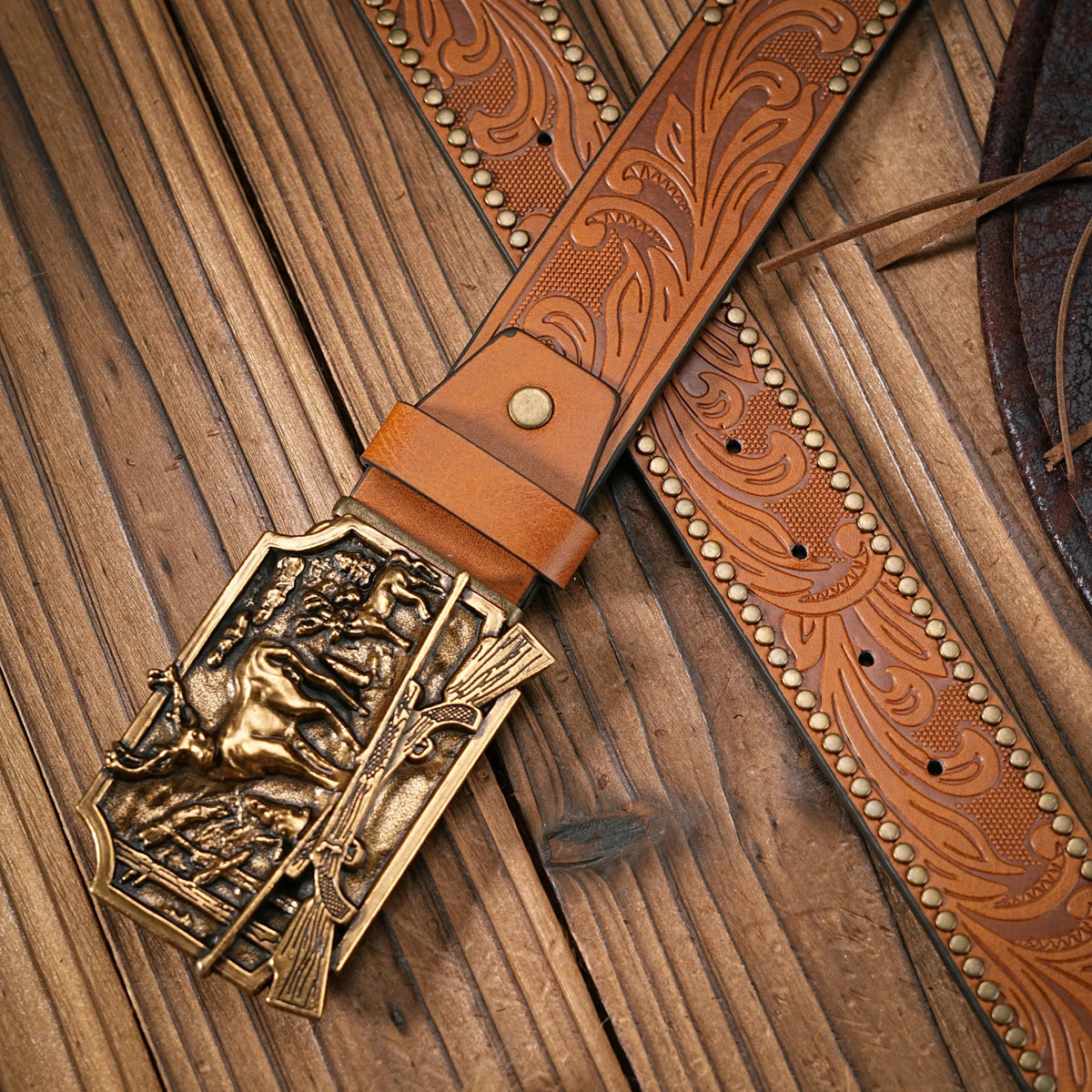 Men - Women - Western Denim - pu leather - Belt - Vintage jeans with carved buckle belt