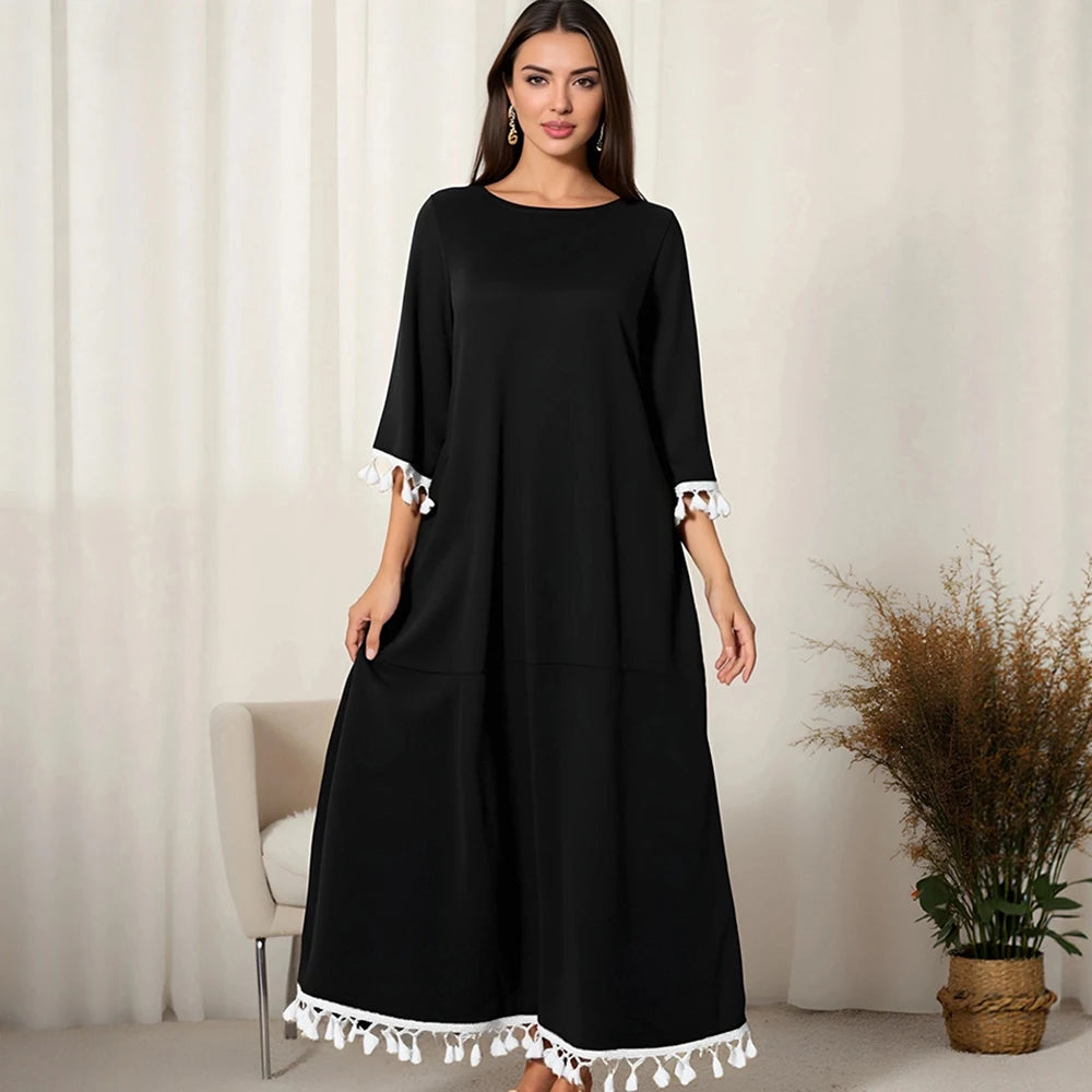 Rafiah Women's Dresses Summer Comfortable Elegant 2025 Tassel Hem Long Sleeve Round Neck A-Line Midi VacationLong Dress