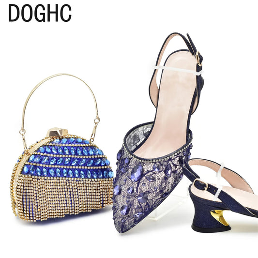 New Arrival Blue Shoes and Bags Set for Women Italian Shoe and Bag Set Designer 2025 Rhinestone Luxury Elegant Pumps for Women