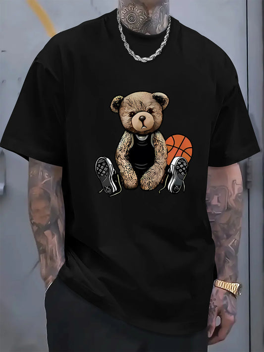 Men's summer 100 cotton fashionable casual sports loose and fun basketball bear pattern printed round neck short sleeved T-shirt