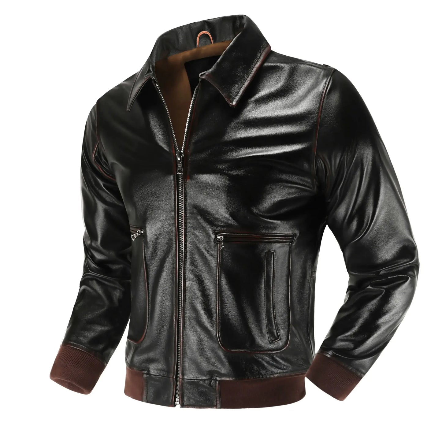 Men’s Top Layer Genuine Leather A2 Pilot Jacket – Retro Military Short Lapel Coat
