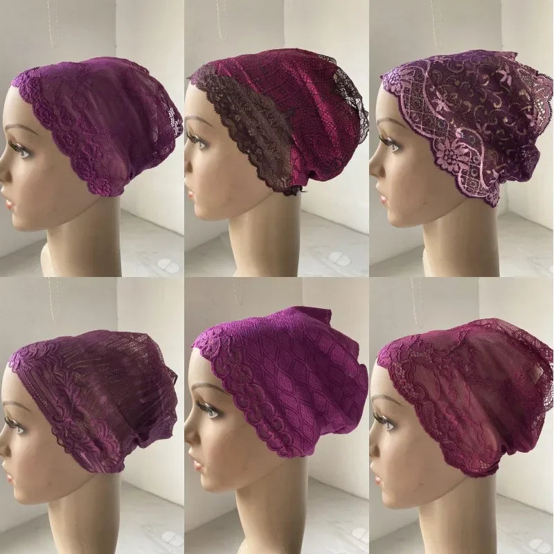 Full Cover Head Inner Cap Flower Lace Muslim Headscarf Islamic Headwear Underscarf Turban Indian Hat Pattern In Random