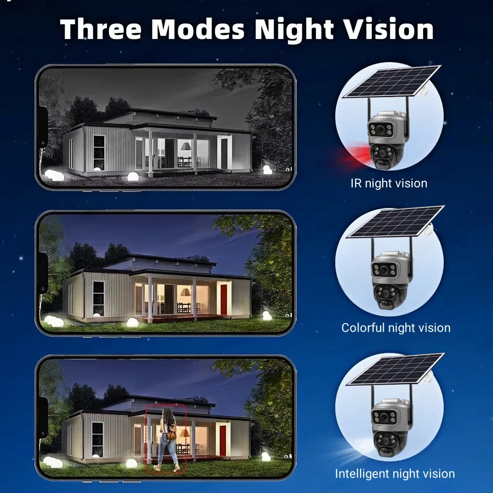 4G Solar Camera Outdoor Dual Lens PTZ Low Powered CCTV Video V380 Cameras PIR Motion Detect Security Protection Surveillance Cam