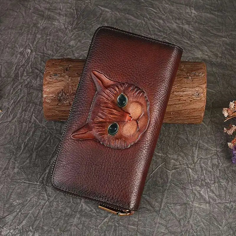 MOTAORA Genuine Cowhide Leather Women's Long Wallet with Retro Cat Print, Multi Card Slots, ID/Credit Card Holder Cash Organizer