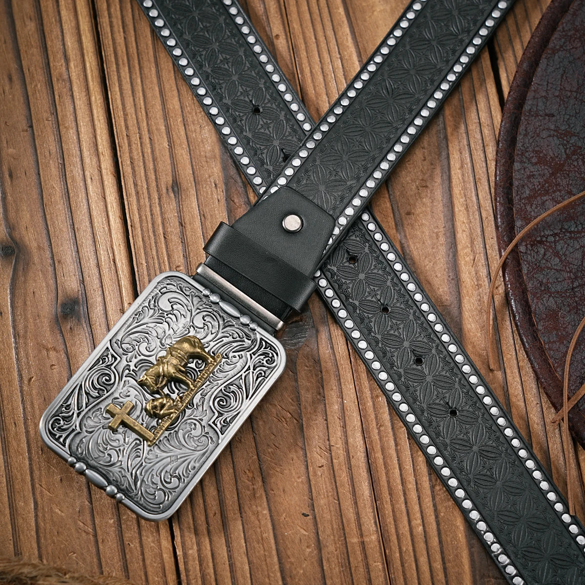 Men - Women - Western Denim - pu leather - Belt - Vintage jeans with needle buckle brown belt
