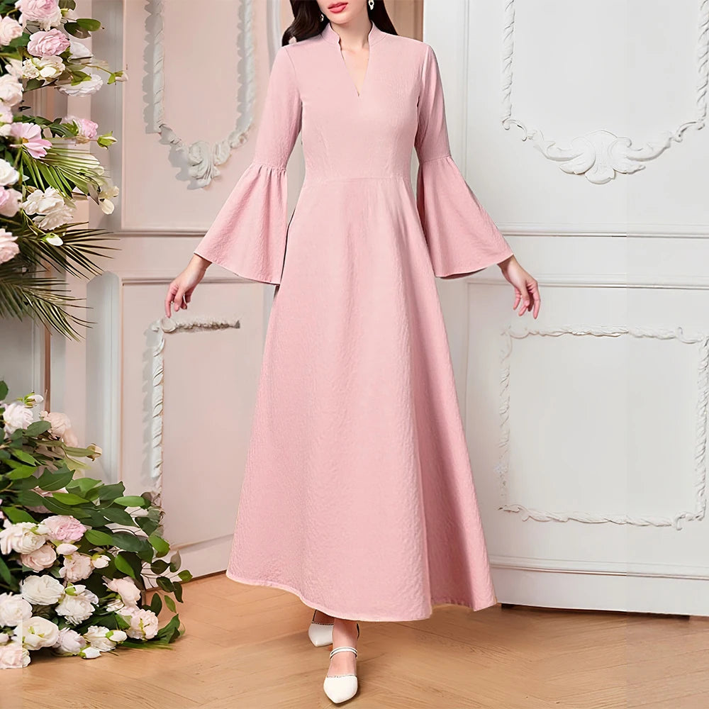 Rafiah Summer Long Dresses 2025 Decent Elegant Solid Color Long Sleeve V-Neck Midi A-Line Evening Dresses For Women